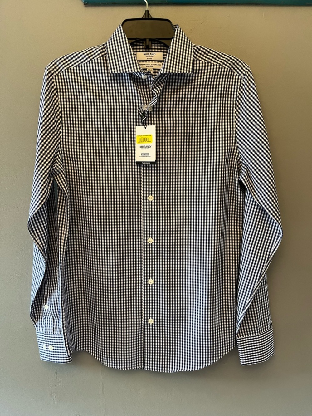 Murano Men's Sz Small Navy and White Gingham Fitted 100% Cotton Dress Shirt